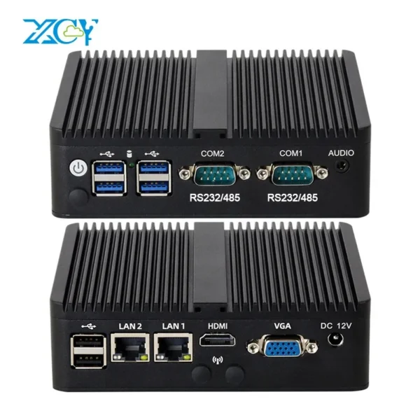 XCY X30G Mini PC with Intel Celeron J6412, fanless design, 2 COM ports, 2 Gigabit Ethernet, WiFi and 4G support.