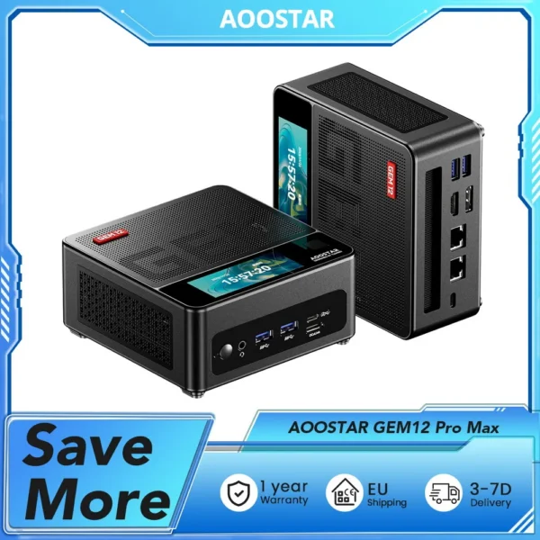 AOOSTAR GEM12 Pro Max Mini PC with Display, Fingerprint Unlock, AMD Ryzen 7 8845HS 8 Core Max 5.1GHz, 32GB DDR5 RAM 1TB SSD 1