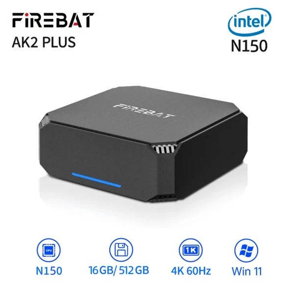 FIREBAT AK2 PLUS MiniPC Intel N150 N100 with Dual Band WiFi5, BT4.2, 16GB RAM, 512GB SSD for gaming and desktop use.